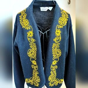 Women's Vintage Country Suburbans Black Cardigan Sweater Gold Embroidery Small